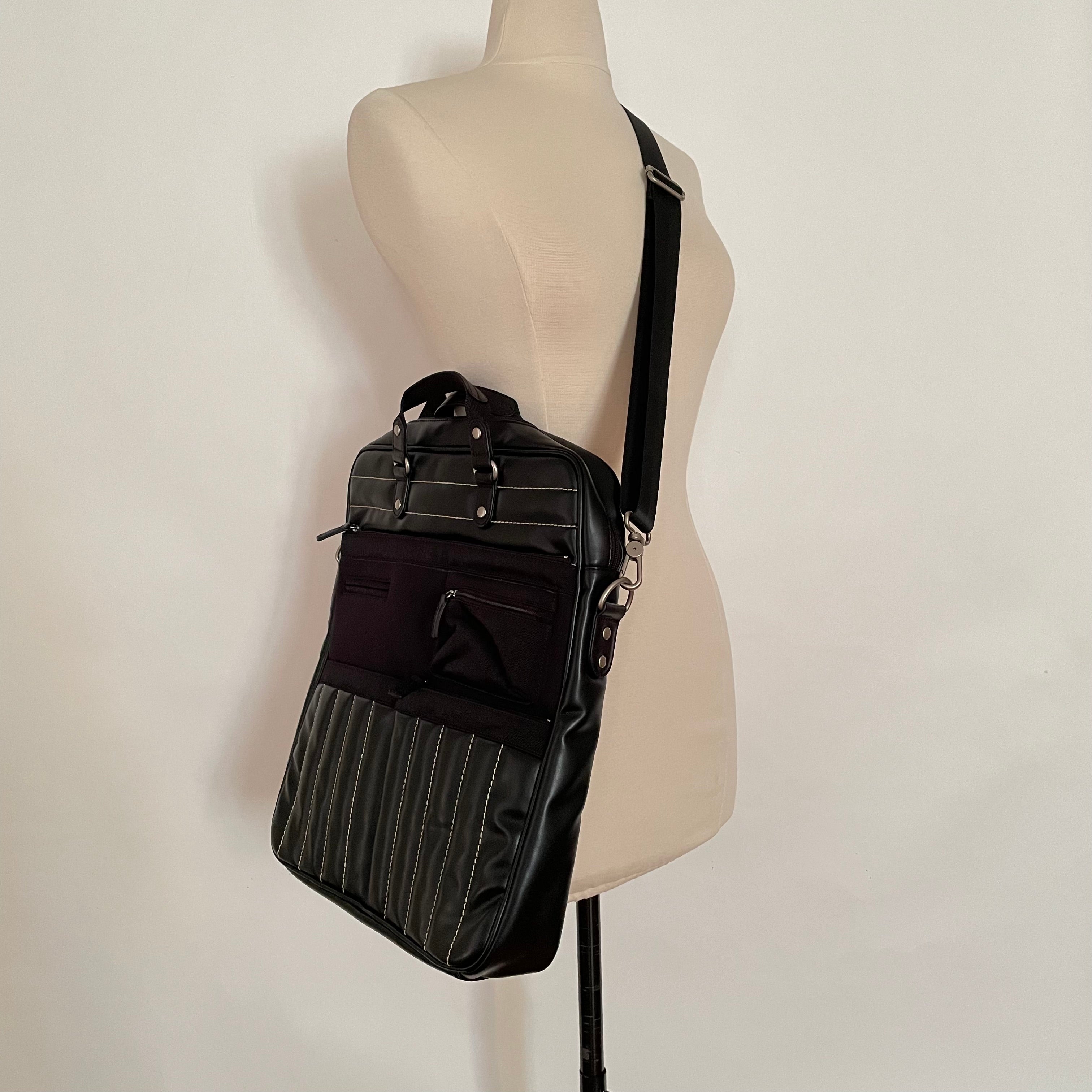 Premium Collection | Tall Vegan Leather x Nylon x Leather Handles Briefcase with Stripe Stitch Accents | Black x White